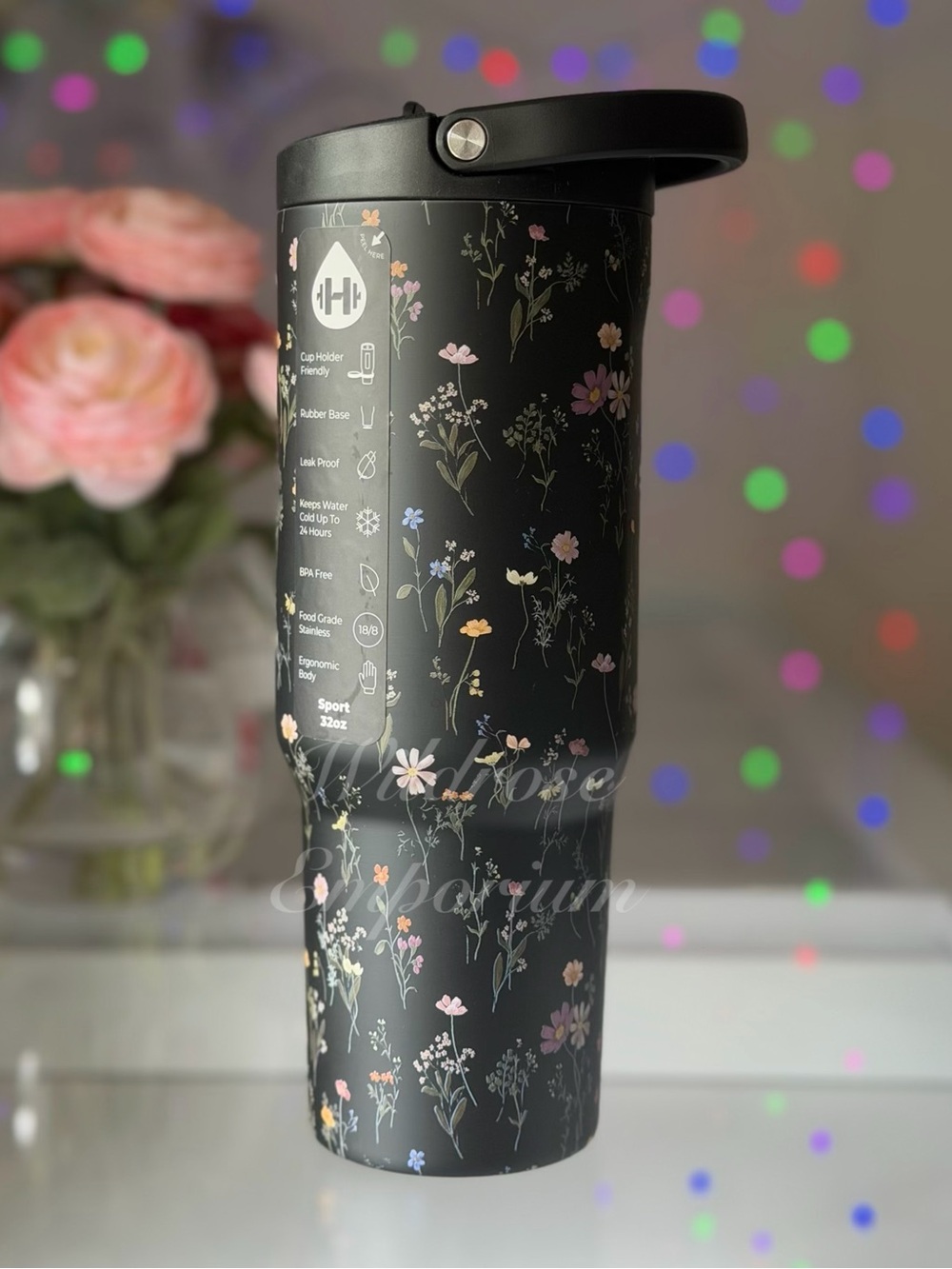 HydroJug 32oz midnight floral black wildflower garden sport Traveler  tumbler cu